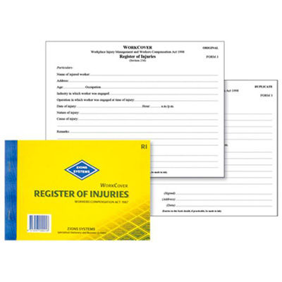 Image for ZIONS RI REGISTER OF INJURIES BOOK NSW 145 X 210MM from Total Supplies Pty Ltd