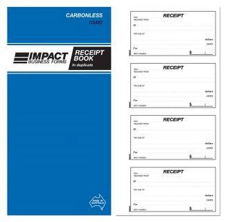 Image for RECEIPT BOOK DUPLICATE IMPACT CARBONLESS CS420 4@SIGHT from MOE Office Products Depot Mackay & Whitsundays