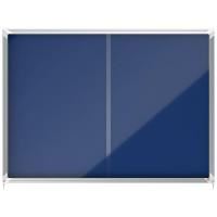 nobo enclosed notice board 1355 x 970mm silver frame blue farbic